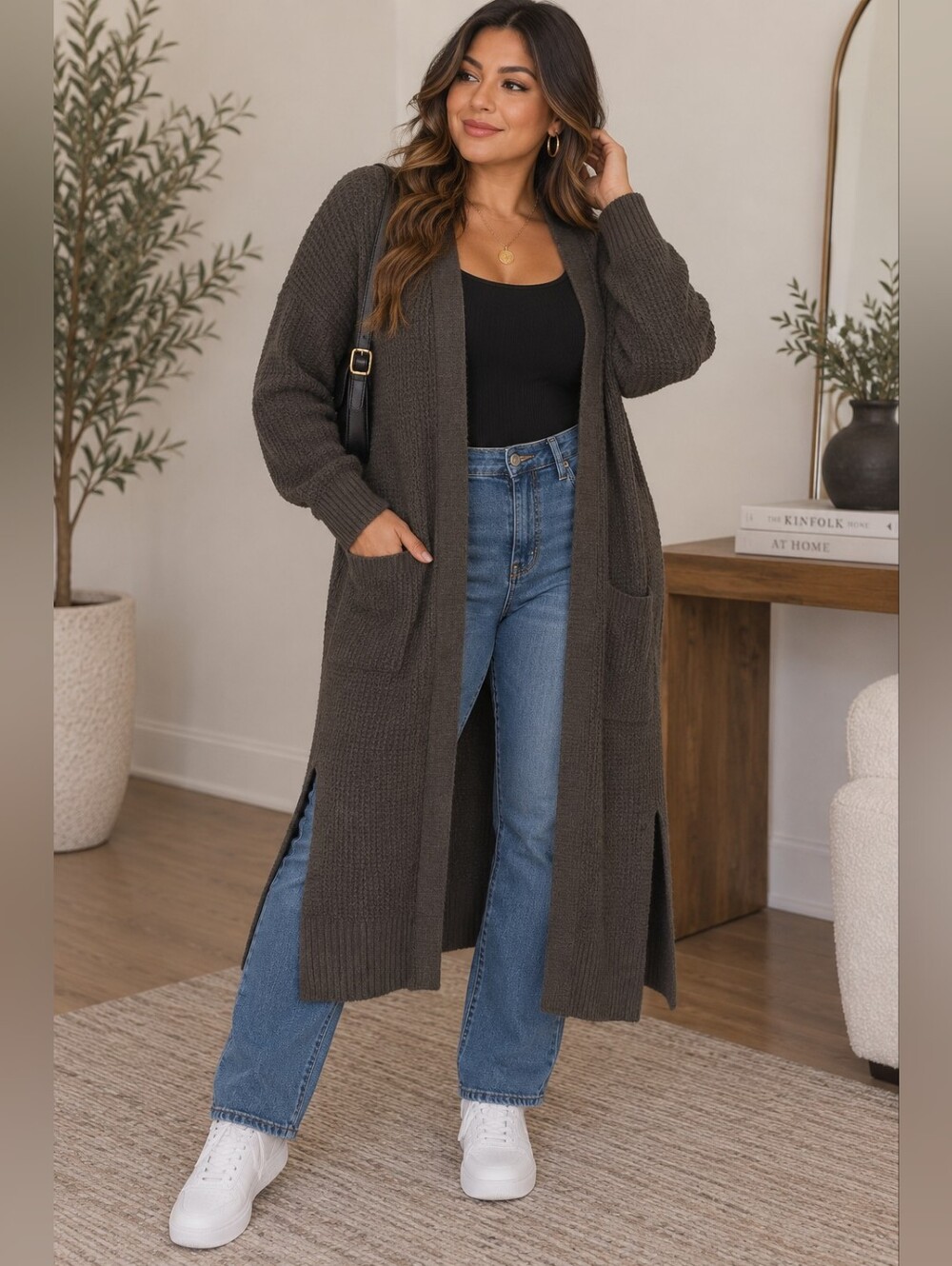 Long Open-Front Knit Cardigan Sweater - Dark Green
